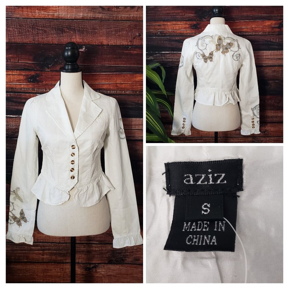 NWOT Aziz Jacket S Cropped Skirted Beaded Embroidered Cotton White Butterfly